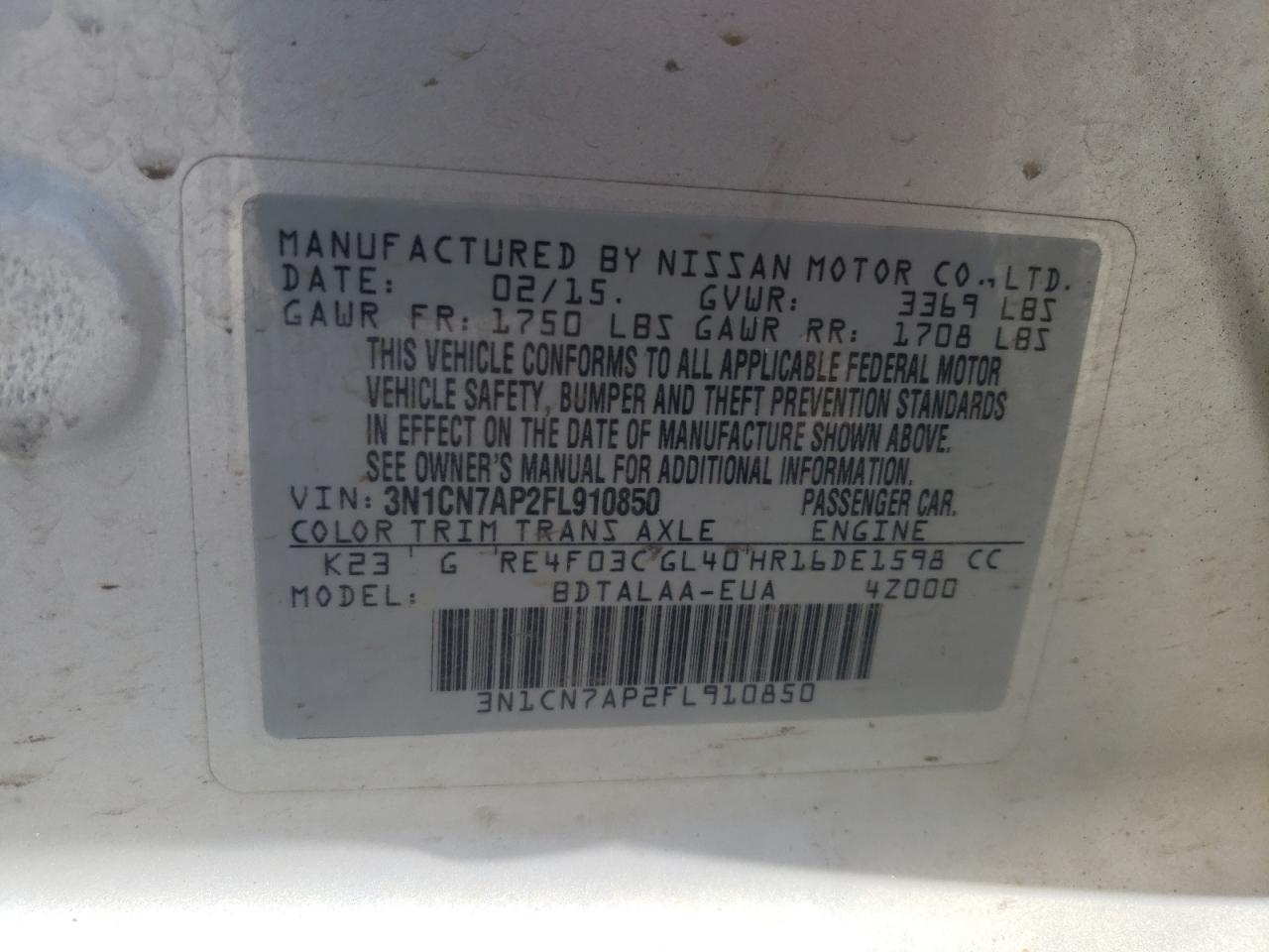 Photo 10 from auction – 2015 NISSAN VERSA S with VIN 3N1CN7AP2FL910850