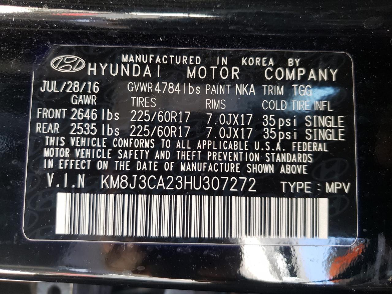 Photo 10 from auction – 2017 HYUNDAI TUCSON LIM with VIN KM8J3CA23HU307272