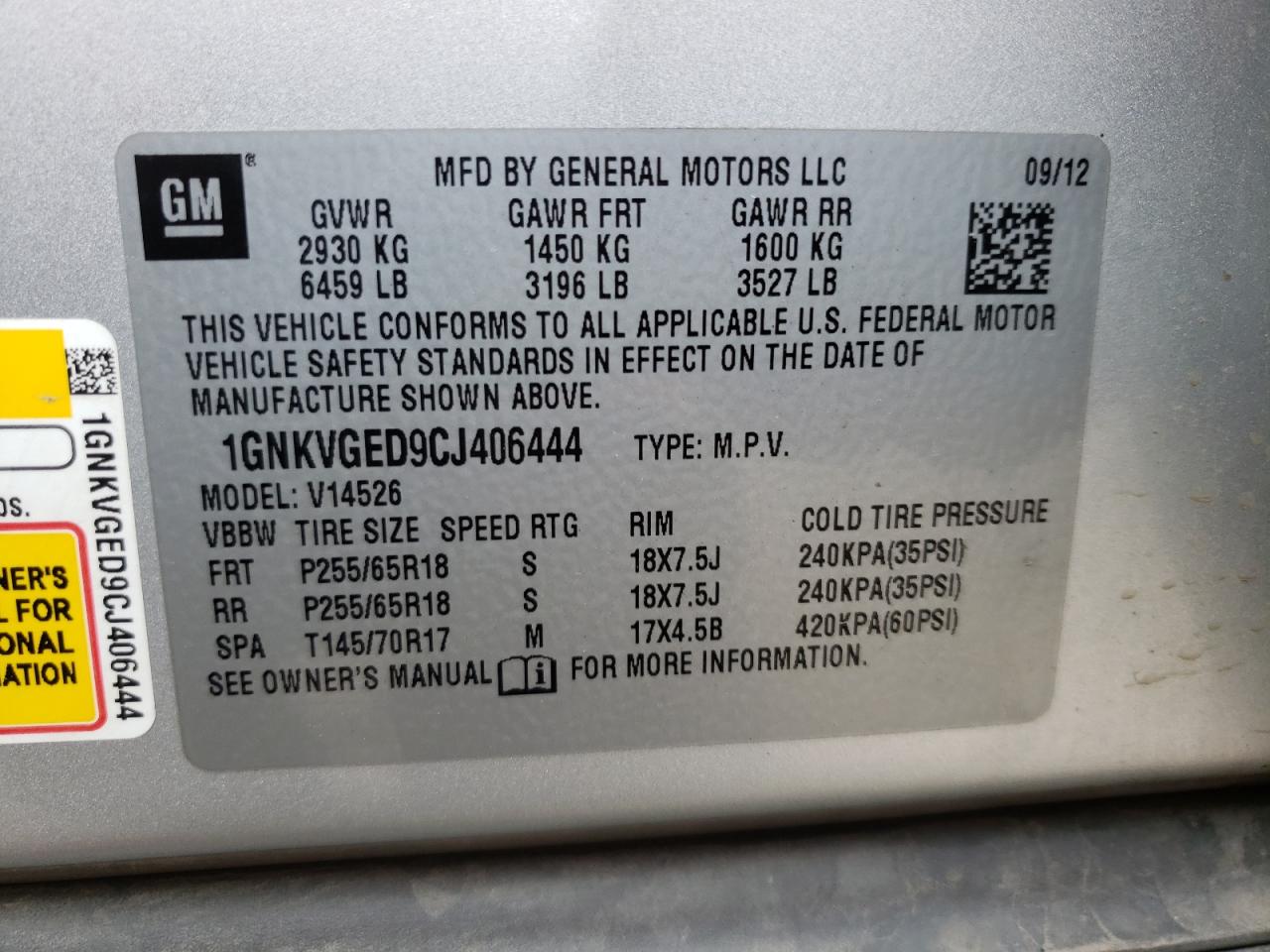 Photo 10 from auction – 2012 CHEVROLET TRAVERSE L with VIN 1GNKVGED9CJ406444