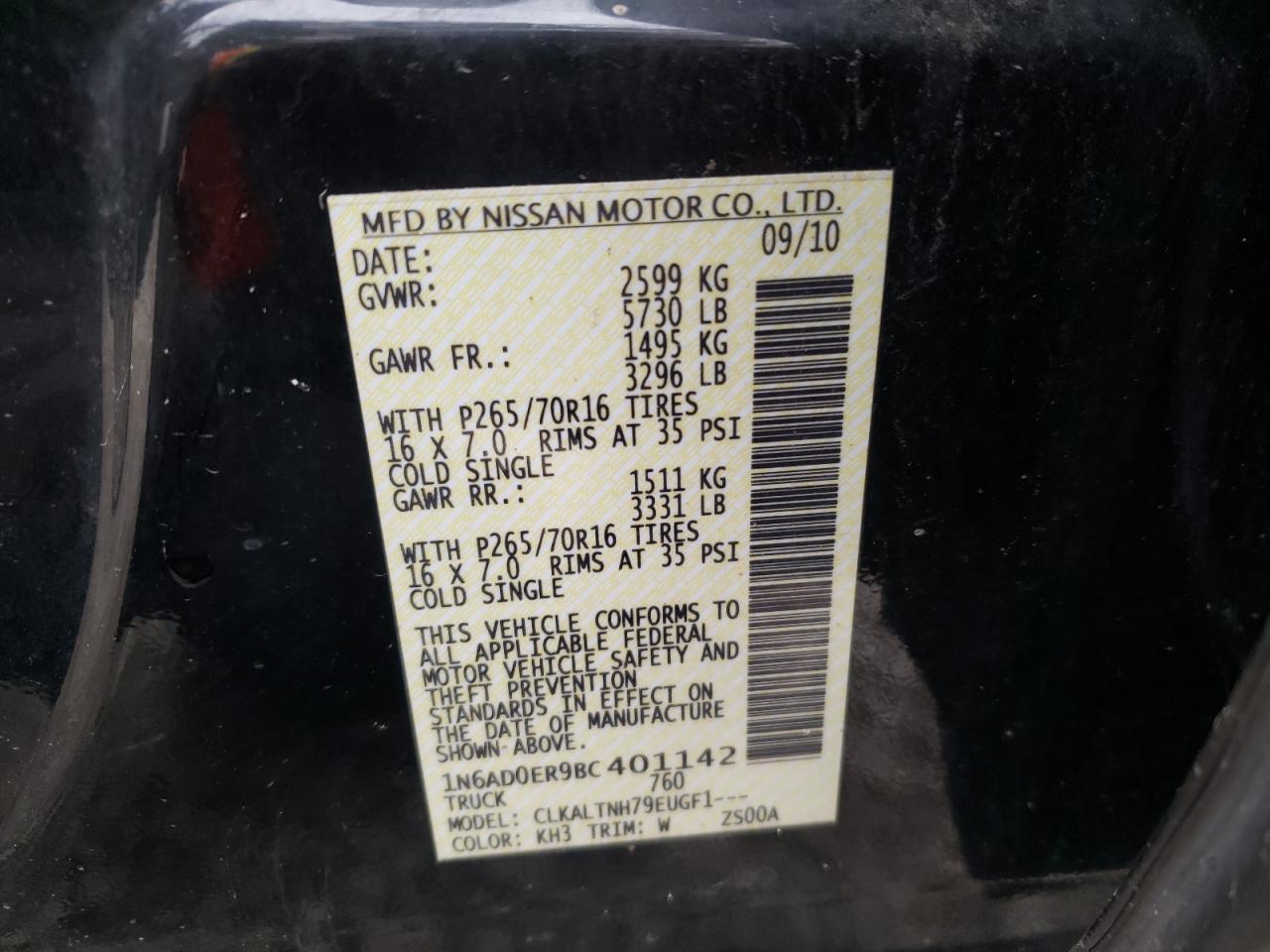 Photo 10 from auction – 2011 NISSAN FRONTIER S with VIN 1N6AD0ER9BC401142