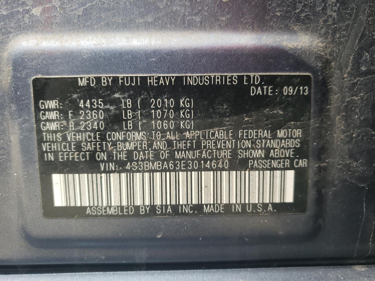 Photo 10 from auction – 2014 SUBARU LEGACY 2.5 with VIN 4S3BMBA63E3014640