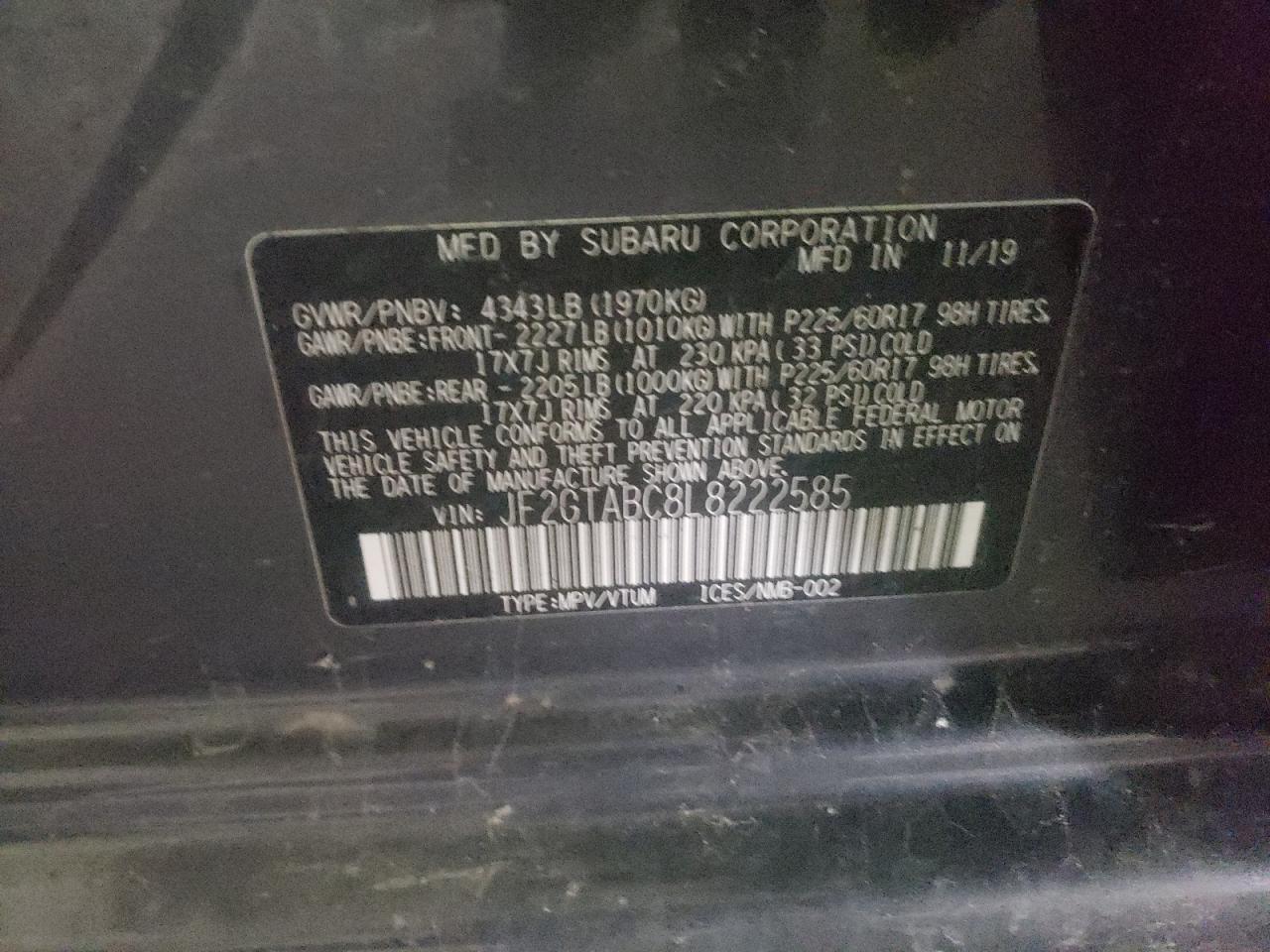 Photo 10 from auction – 2020 SUBARU CROSSTREK with VIN JF2GTABC8L8222585