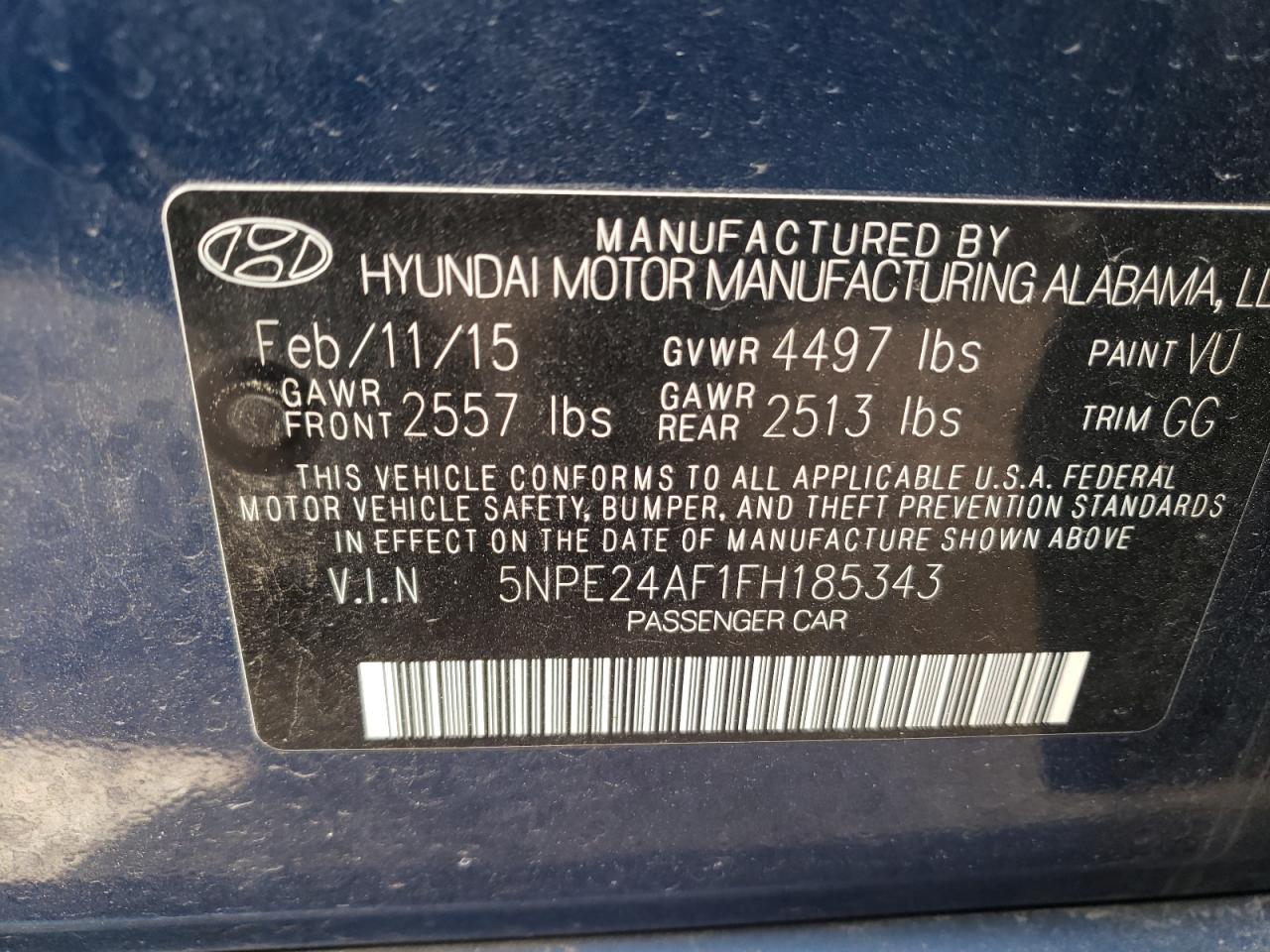 Photo 10 from auction – 2015 HYUNDAI SONATA SE with VIN 5NPE24AF1FH185343