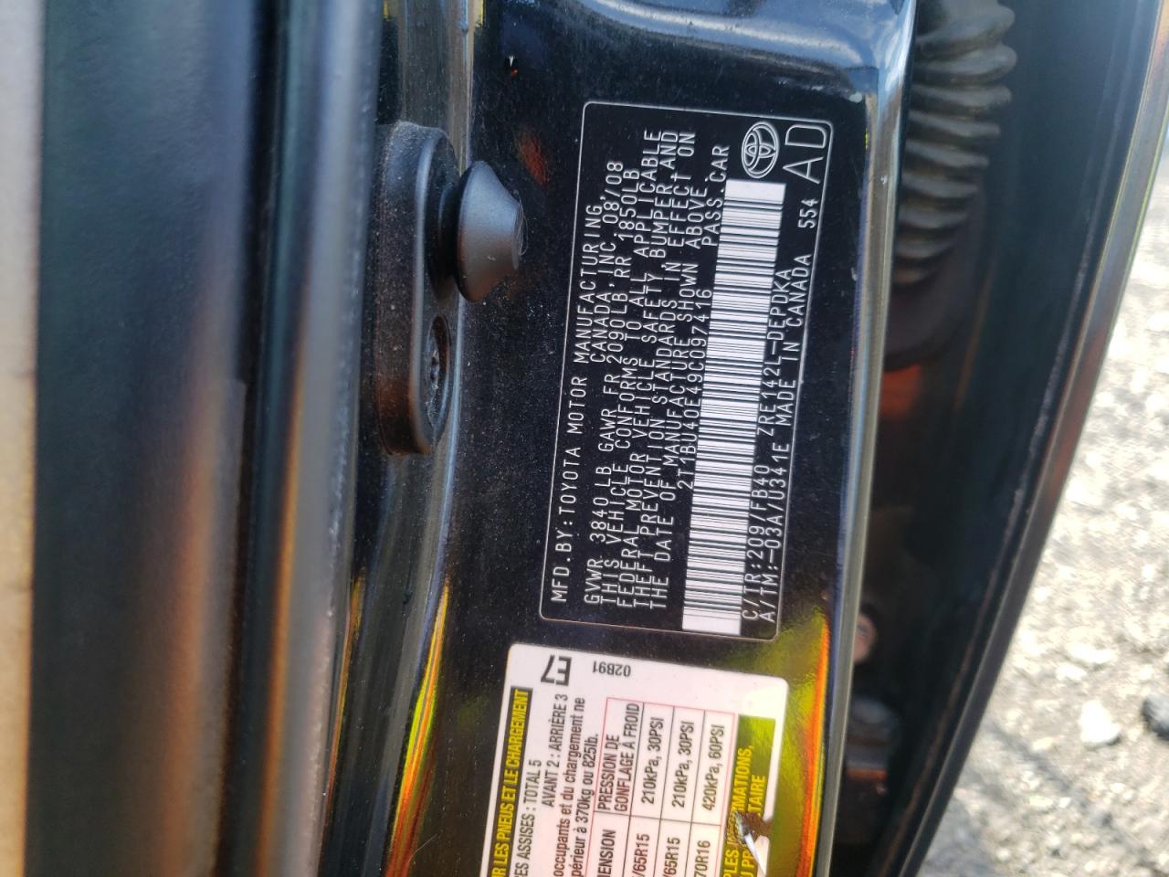 Photo 10 from auction – 2009 TOYOTA COROLLA with VIN 2T1BU40E49C097416