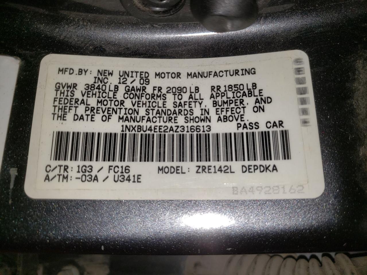 Photo 10 from auction – 2010 TOYOTA COROLLA BA with VIN 1NXBU4EE2AZ316613