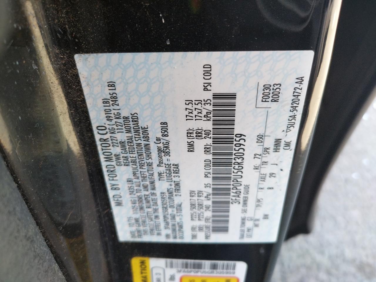 Photo 10 from auction – 2016 FORD FUSION SE with VIN 3FA6P0PU5GR305959