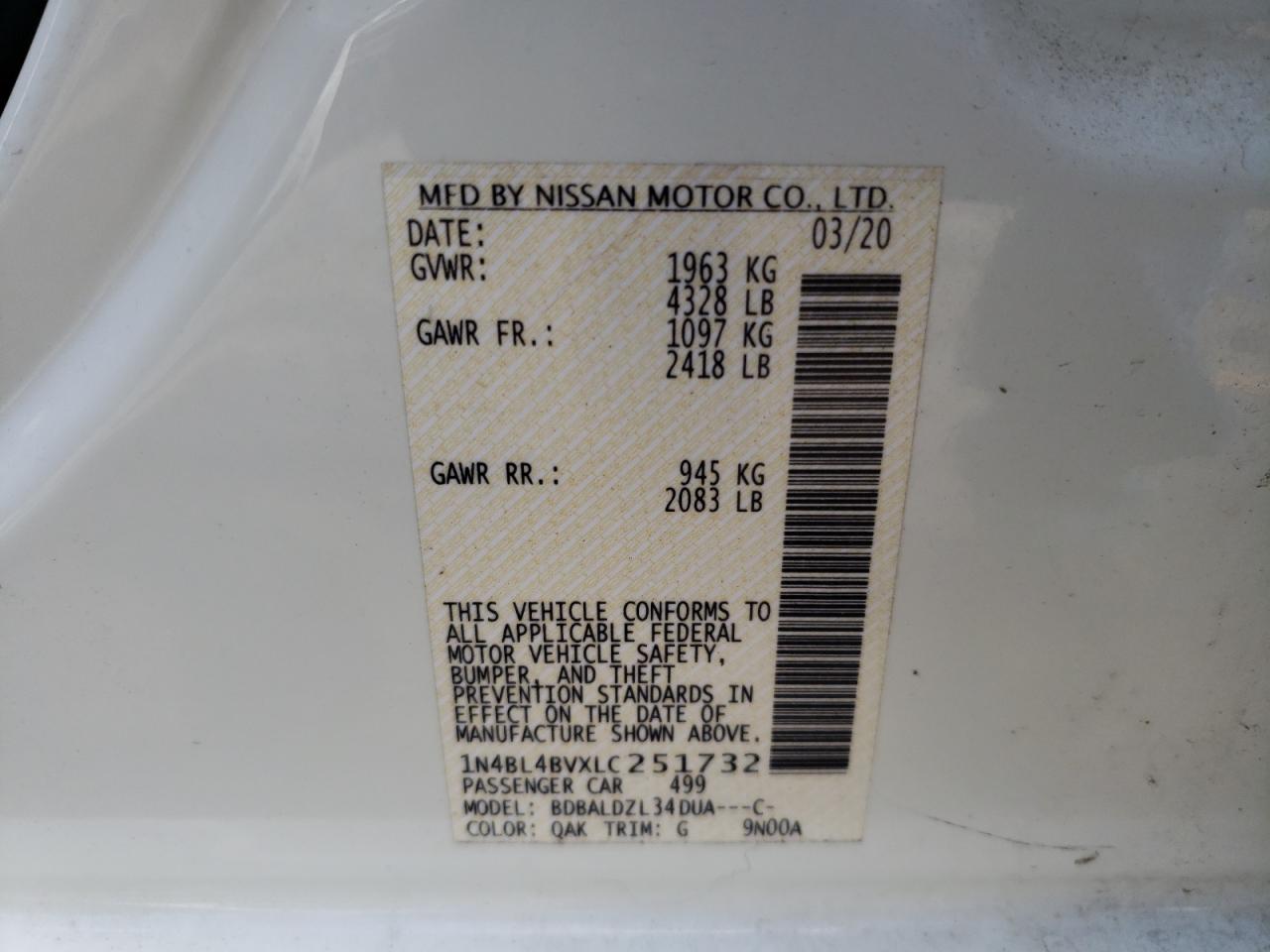 Photo 10 from auction – 2020 NISSAN ALTIMA S with VIN 1N4BL4BVXLC251732