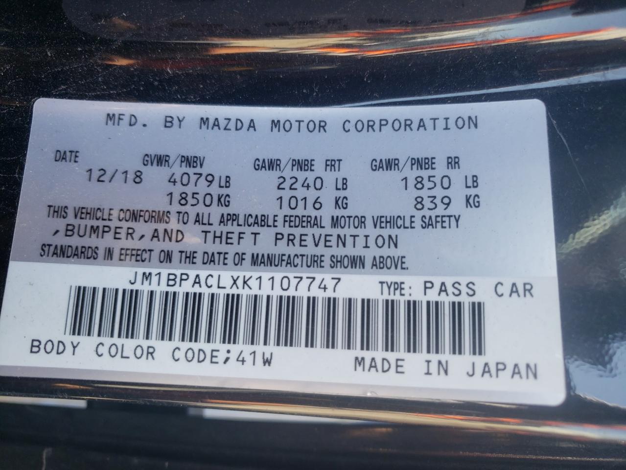صورة رقم 10 من المزاد - 2019 MAZDA 3 PREFERRE مع VIN JM1BPACLXK1107747