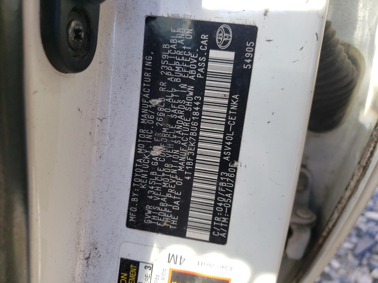 Photo 10 from auction – 2011 TOYOTA CAMRY BASE with VIN 4T1BF3EK7BU618443