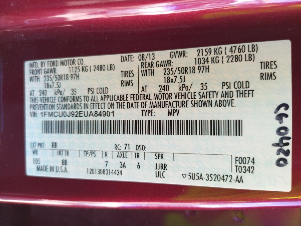 Photo 10 from auction – 2014 FORD ESCAPE TIT with VIN 1FMCU0J92EUA84901