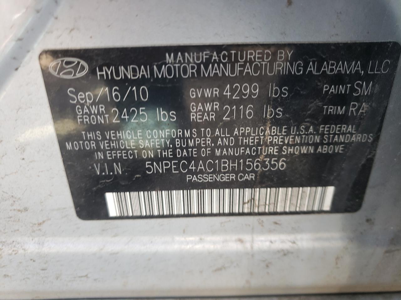 Photo 10 from auction – 2011 HYUNDAI SONATA SE with VIN 5NPEC4AC1BH156356
