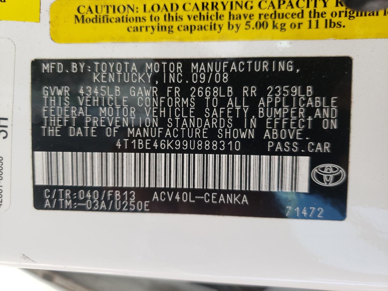 Photo 10 from auction – 2009 TOYOTA CAMRY BASE with VIN 4T1BE46K99U888310