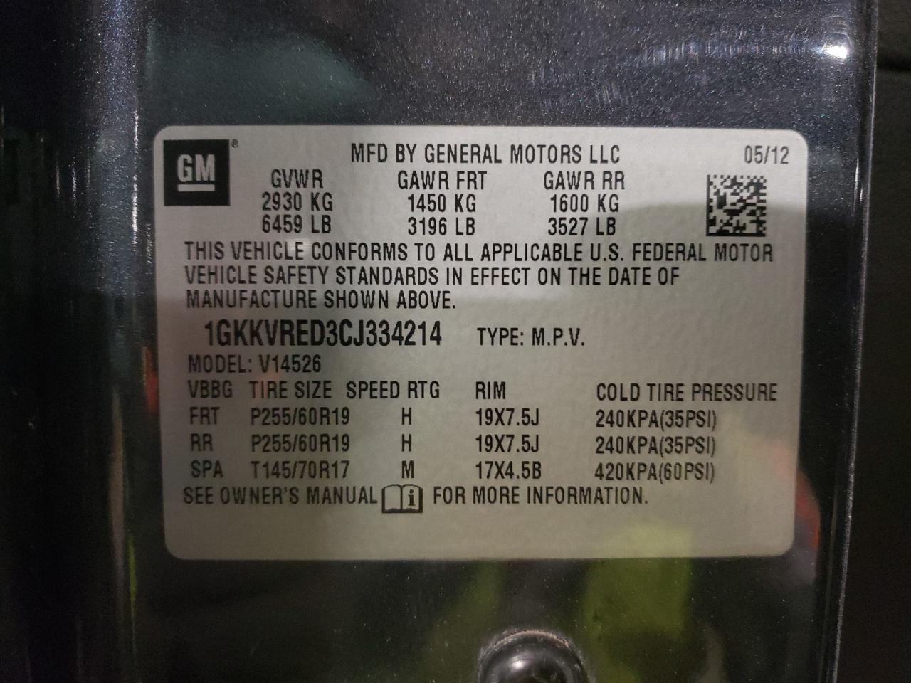 Photo 10 from auction – 2012 GMC ACADIA SLT with VIN 1GKKVRED3CJ334214
