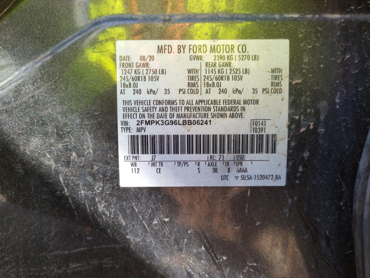Photo 10 from auction – 2020 FORD EDGE SE with VIN 2FMPK3G96LBB06241