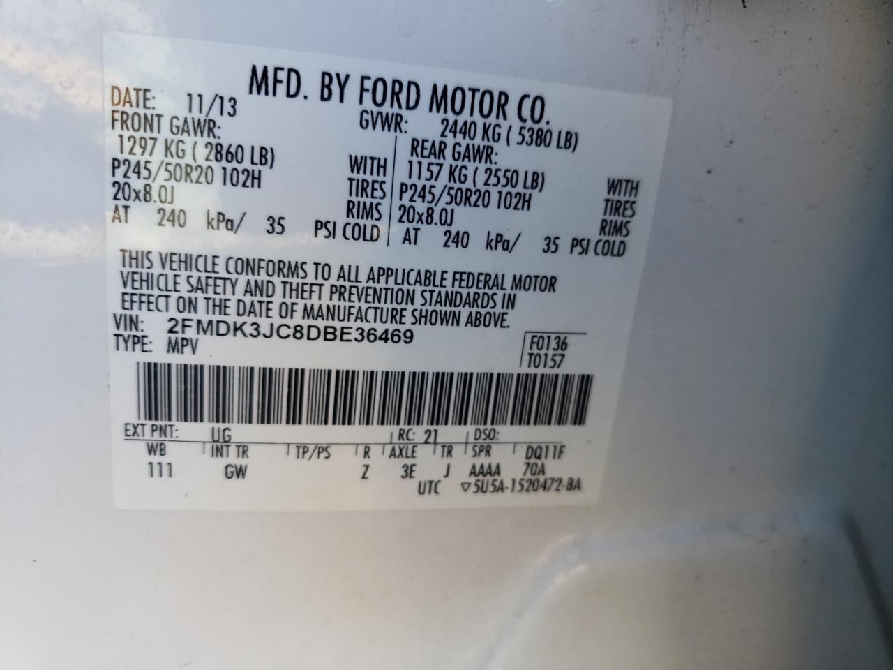 Photo 10 from auction – 2013 FORD EDGE SEL with VIN 2FMDK3JC8DBE36469