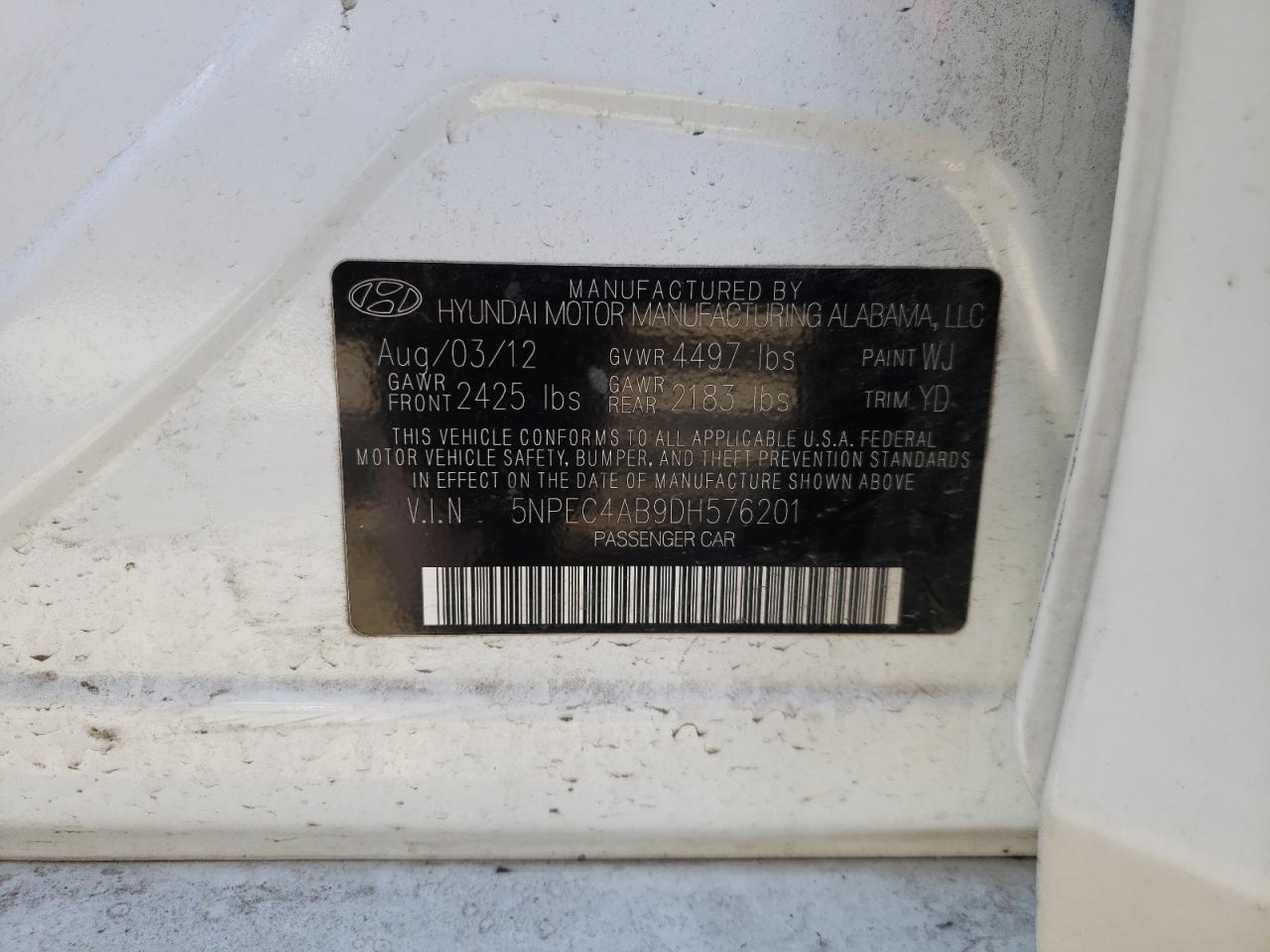 Photo 10 from auction – 2013 HYUNDAI SONATA SE with VIN 5NPEC4AB9DH576201