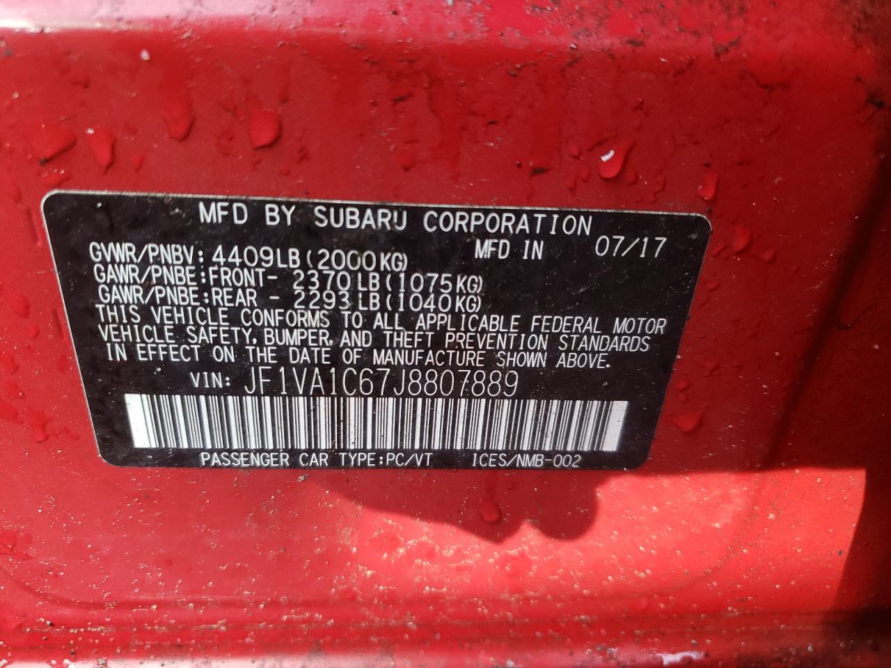 Photo 10 from auction – 2018 SUBARU WRX PREMIU with VIN JF1VA1C67J8807889