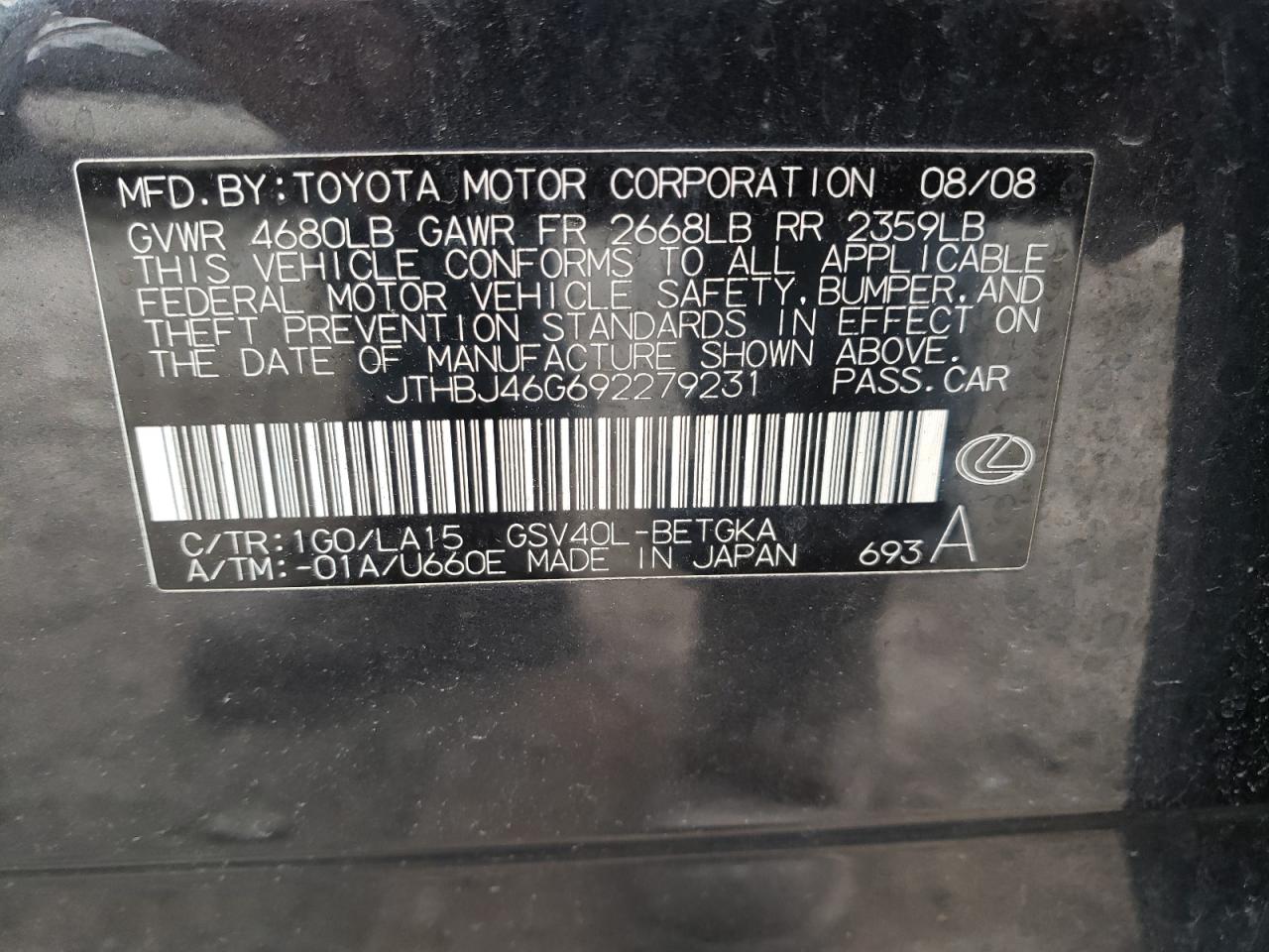 Photo 10 from auction – 2009 LEXUS ES 350 with VIN JTHBJ46G692279231