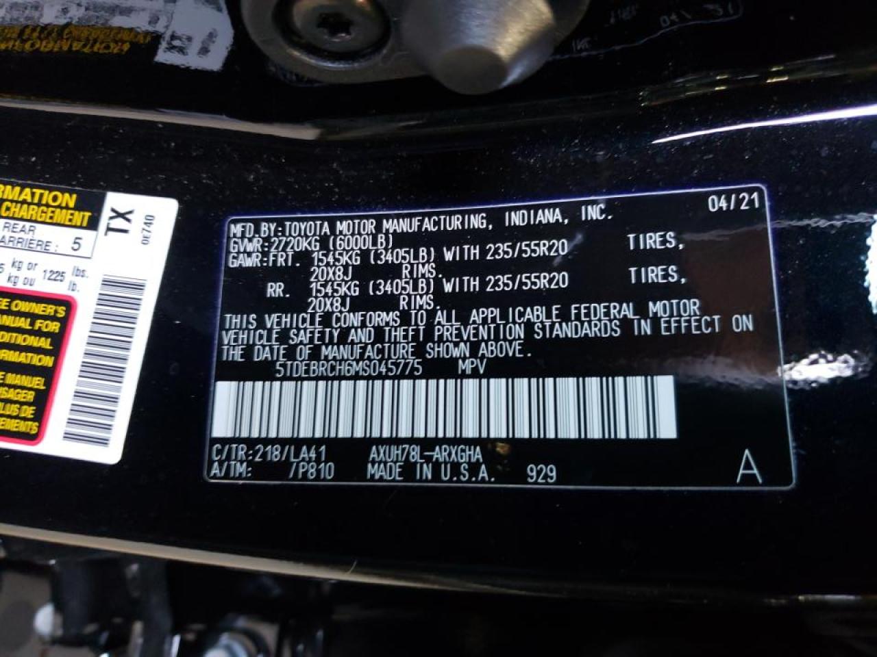 Photo 10 from auction – 2021 TOYOTA HIGHLANDER with VIN 5TDEBRCH6MS045775