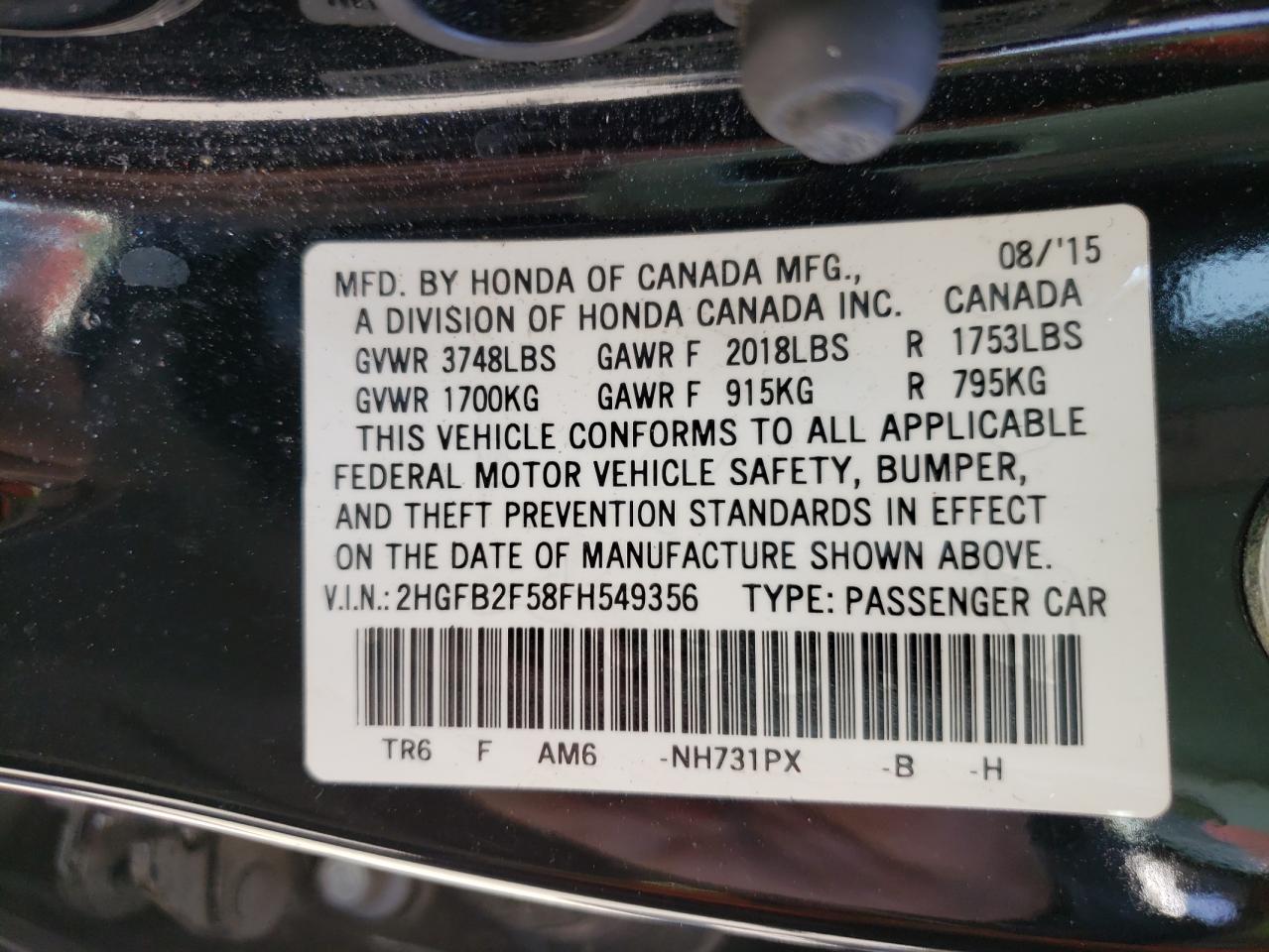 Photo 10 from auction – 2015 HONDA CIVIC LX with VIN 2HGFB2F58FH549356