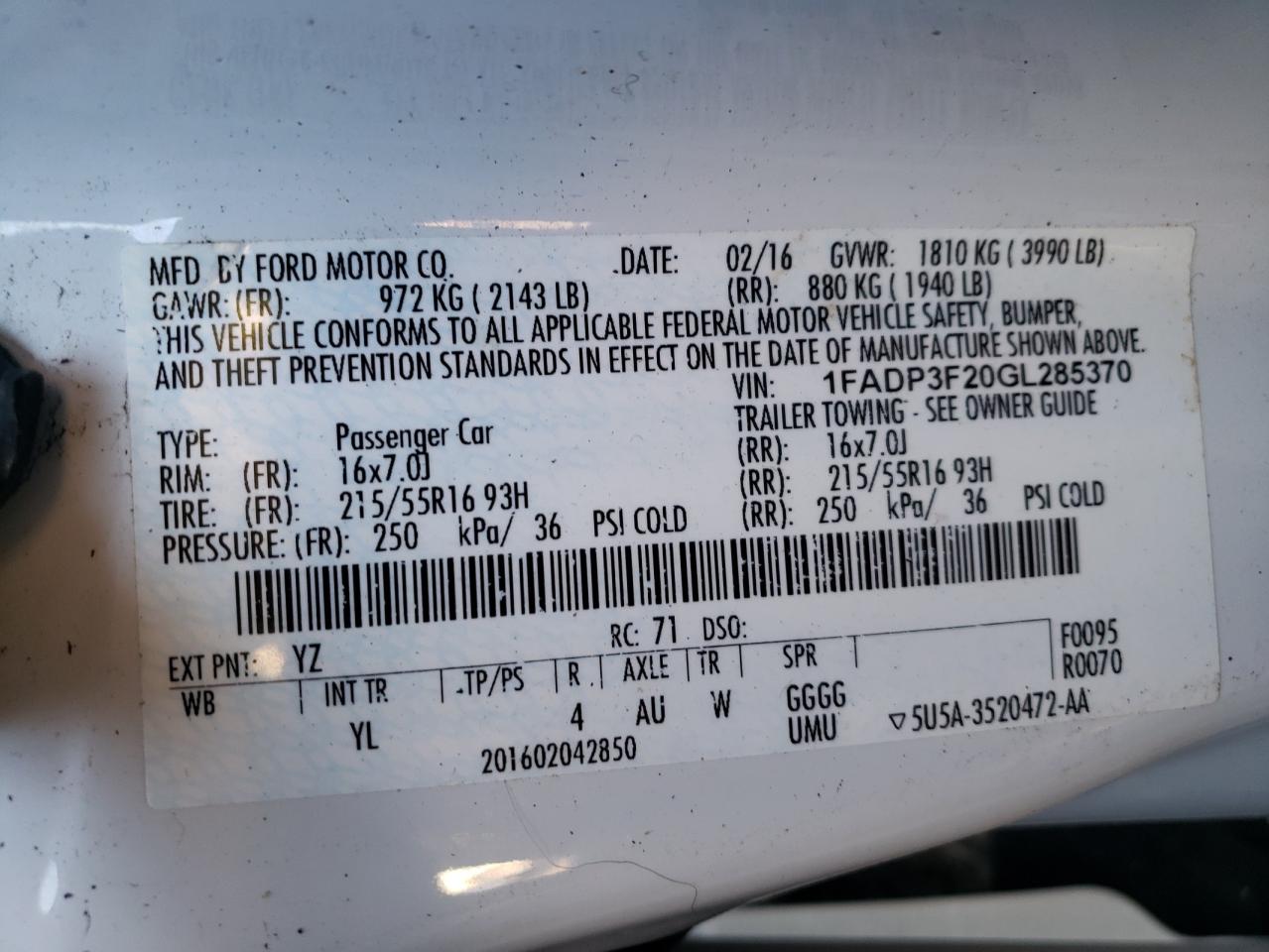 Photo 10 from auction – 2016 FORD FOCUS SE with VIN 1FADP3F20GL285370