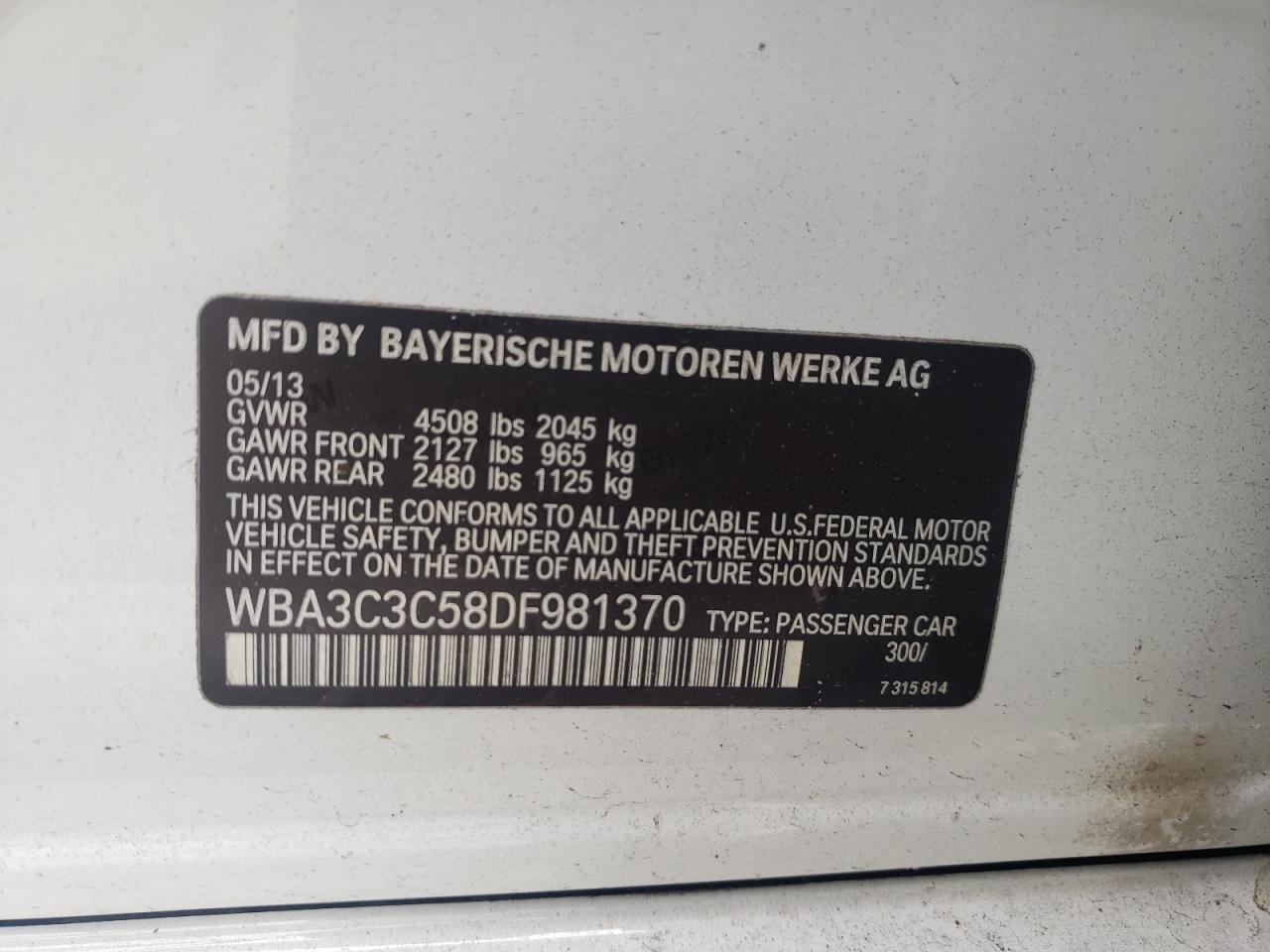 Photo 10 from auction – 2013 BMW 320 I XDRI with VIN WBA3C3C58DF981370