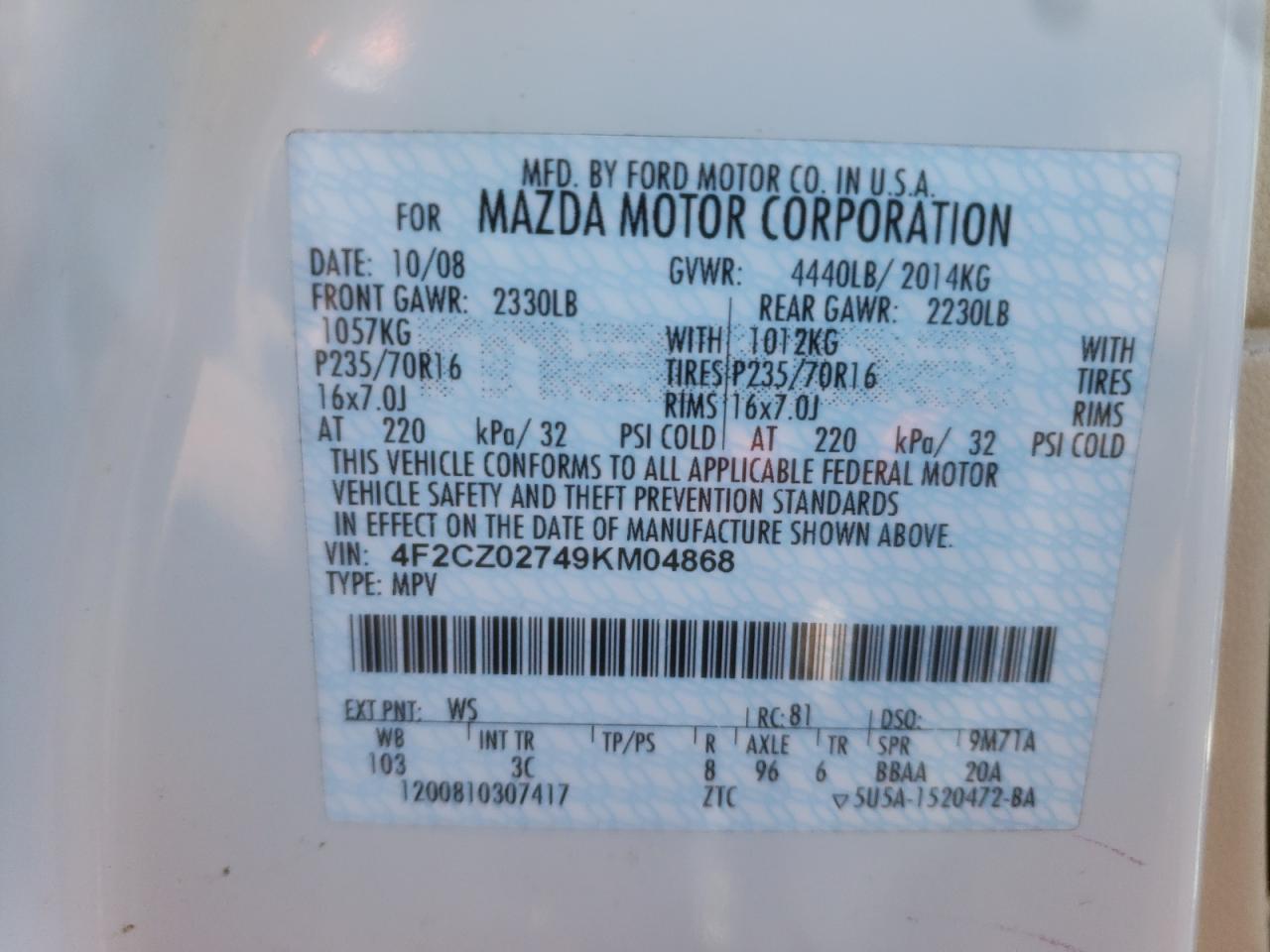 Photo 10 from auction – 2009 MAZDA TRIBUTE I with VIN 4F2CZ02749KM04868