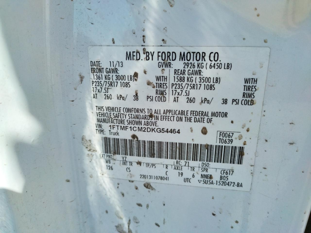 Photo 10 from auction – 2013 FORD F150 with VIN 1FTMF1CM2DKG54464