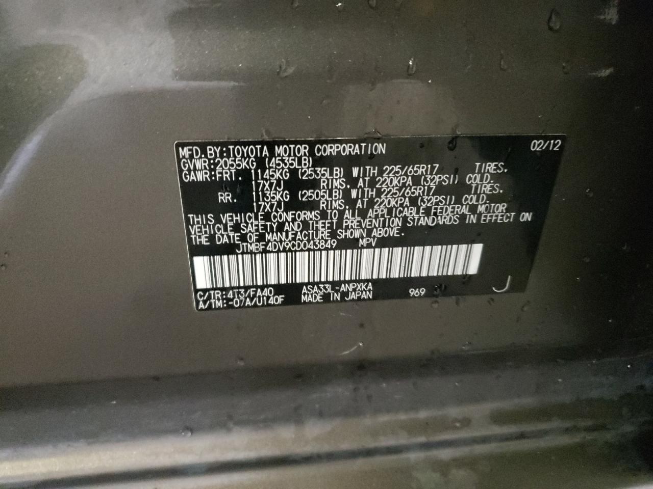 Photo 10 from auction – 2012 TOYOTA RAV4 with VIN JTMBF4DV9CD043849