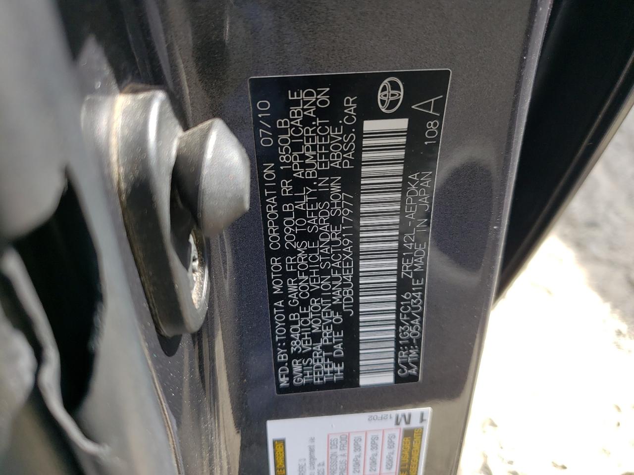 Photo 10 from auction – 2010 TOYOTA COROLLA BA with VIN JTDBU4EEXA9117977