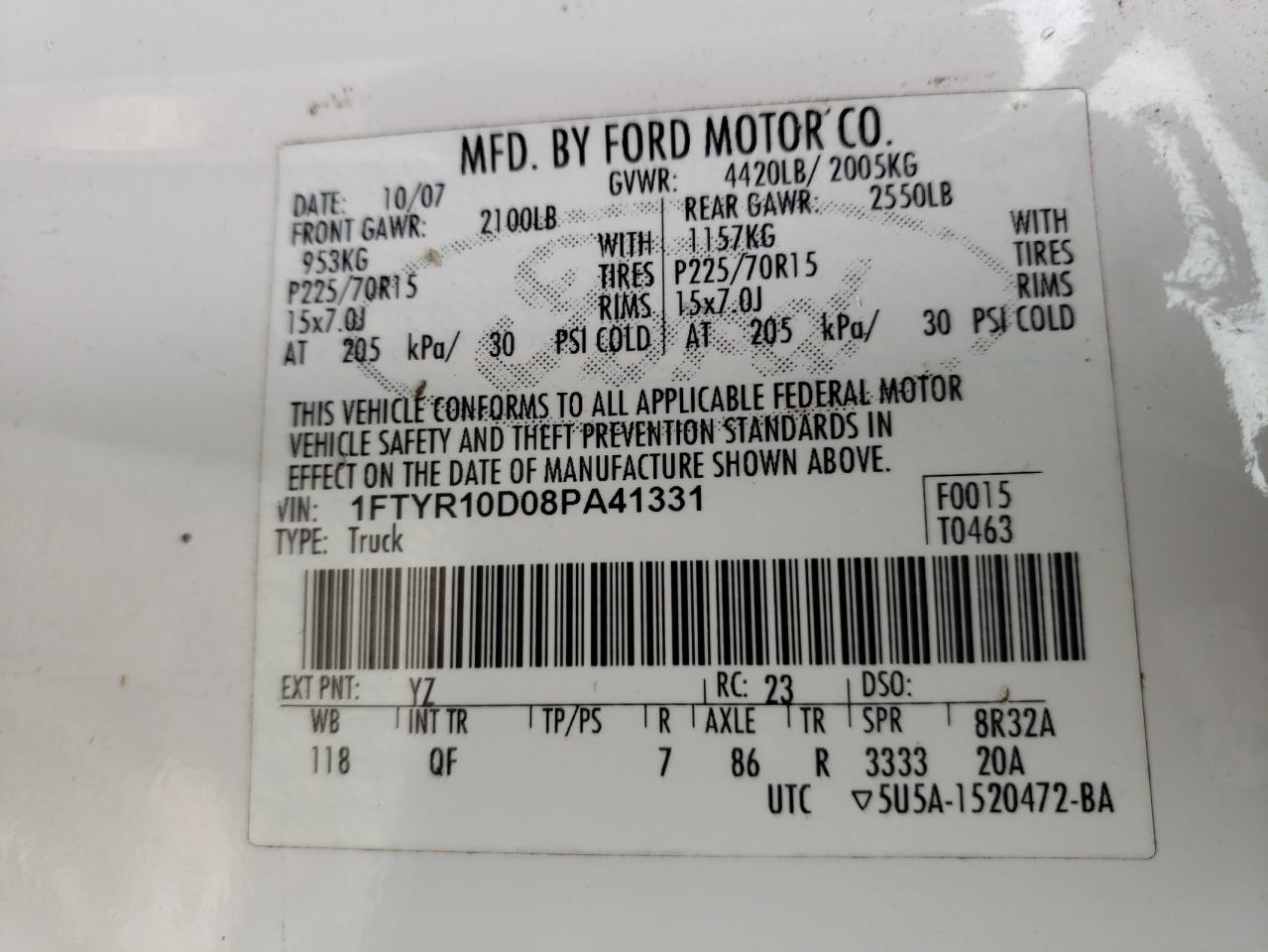 Photo 10 from auction – 2008 FORD RANGER with VIN 1FTYR10D08PA41331