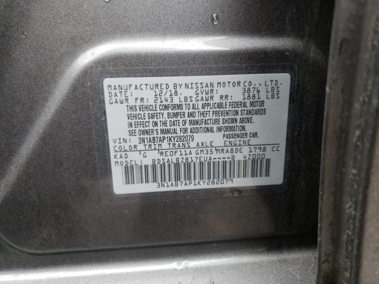 Photo 10 from auction – 2019 NISSAN SENTRA S with VIN 3N1AB7AP1KY282079