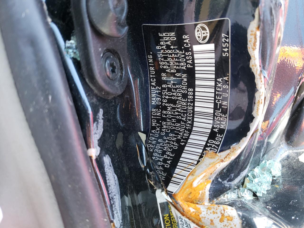 Photo 10 from auction – 2012 TOYOTA CAMRY BASE with VIN 4T1BF1FKXCU621888