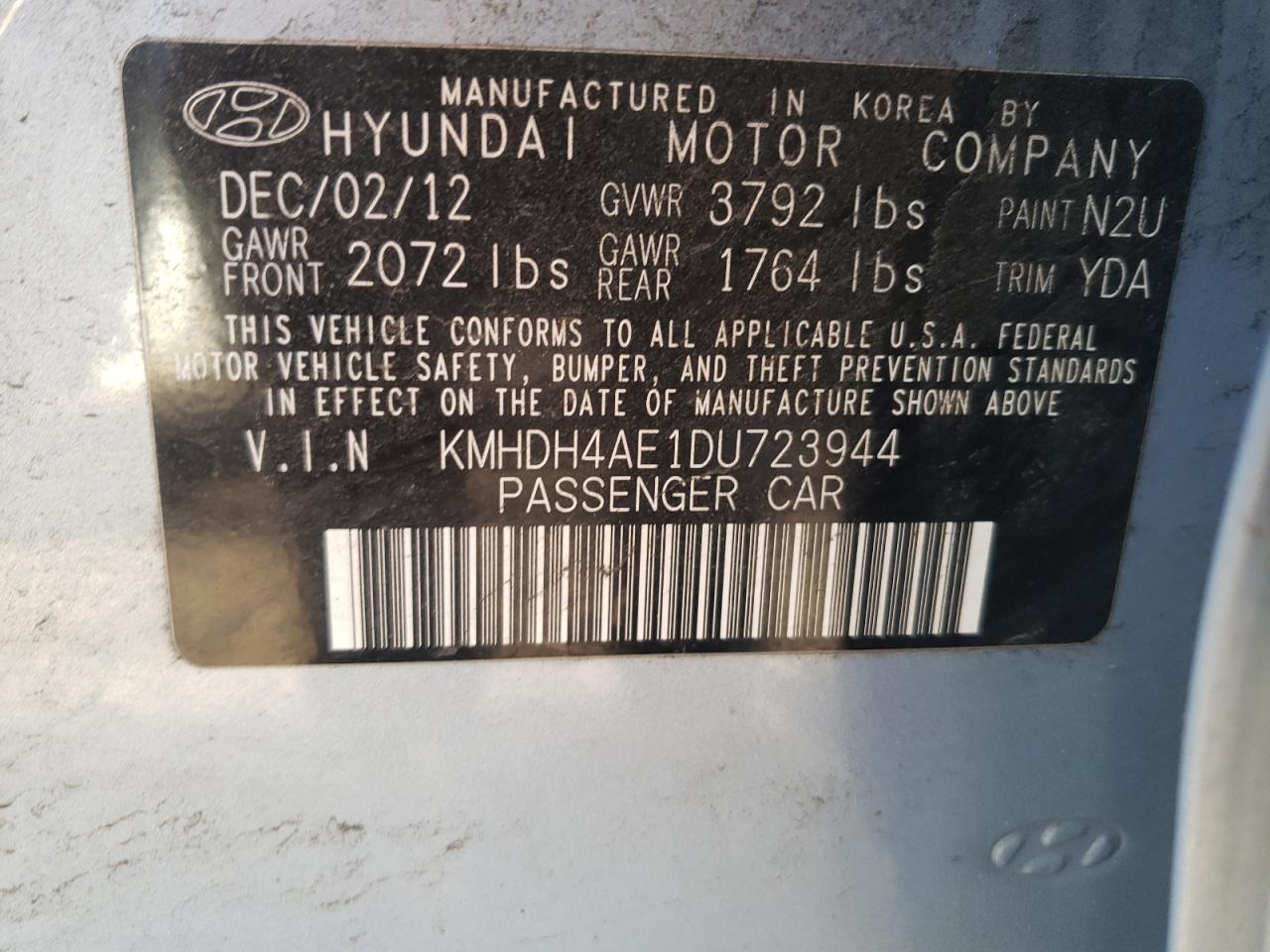 Photo 10 from auction – 2013 HYUNDAI ELANTRA GL with VIN KMHDH4AE1DU723944