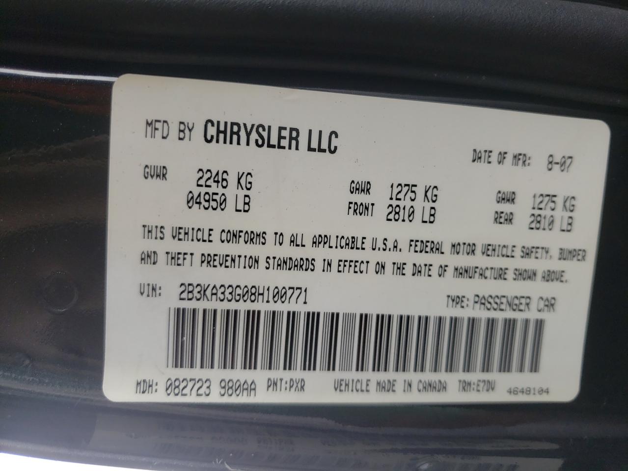 Photo 10 from auction – 2008 DODGE CHARGER SX with VIN 2B3KA33G08H100771