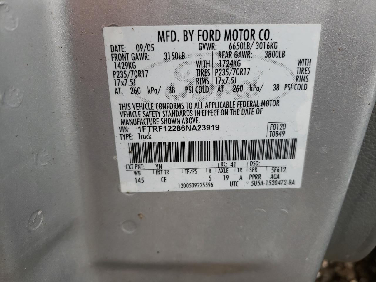 Photo 10 from auction – 2006 FORD F150 with VIN 1FTRF12286NA23919