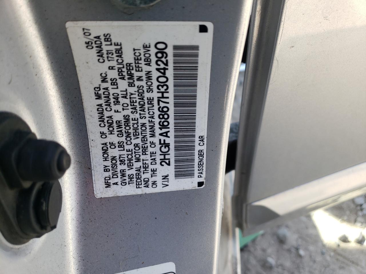 Photo 10 from auction – 2007 HONDA CIVIC EX with VIN 2HGFA16867H304290