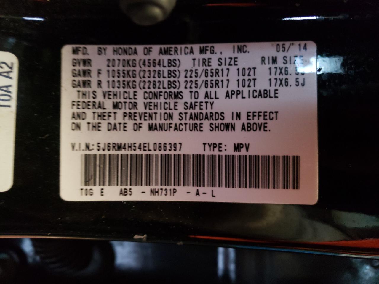 Photo 10 from auction – 2014 HONDA CR-V with VIN 5J6RM4H54EL086397