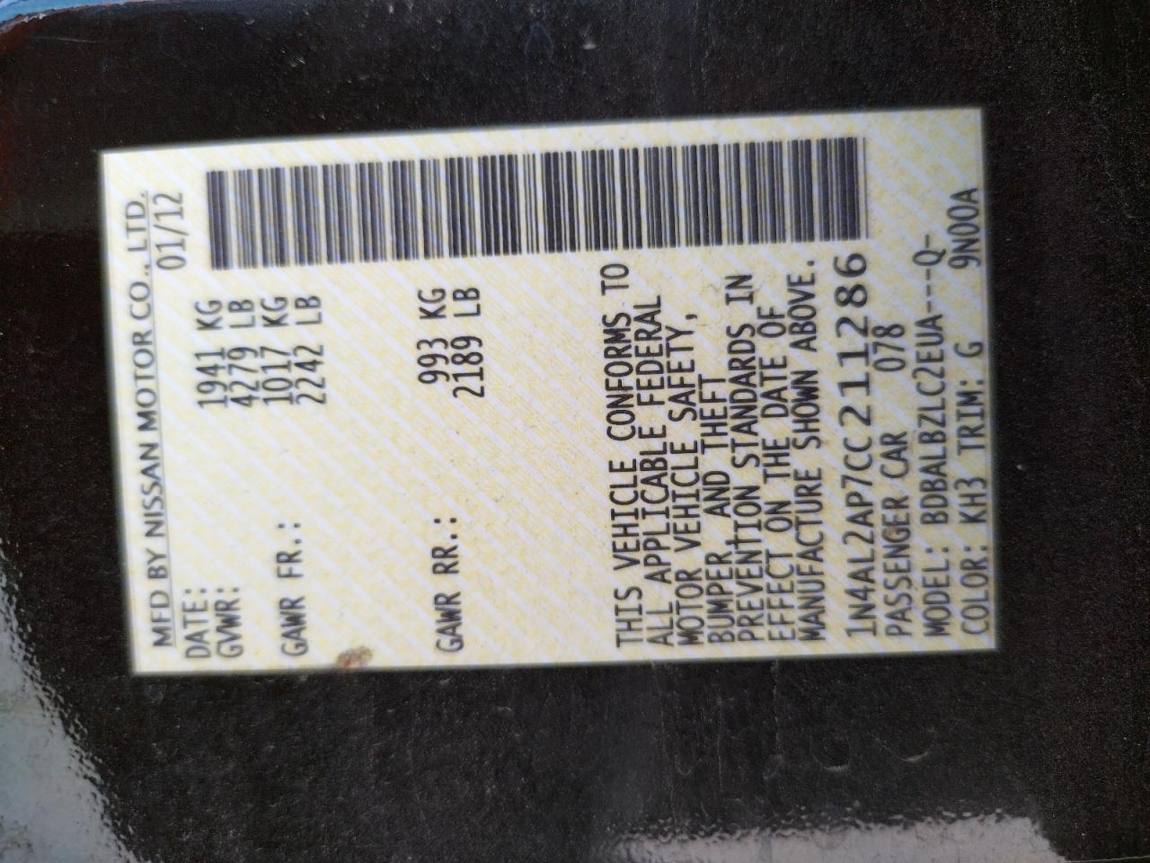 Photo 10 from auction – 2012 NISSAN ALTIMA BAS with VIN 1N4AL2AP7CC211286