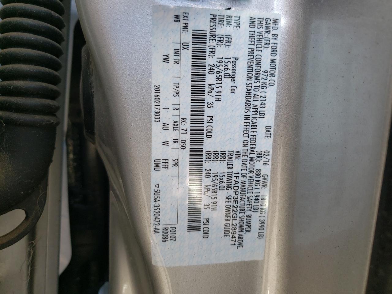 Photo 10 from auction – 2016 FORD FOCUS S with VIN 1FADP3E22GL289471
