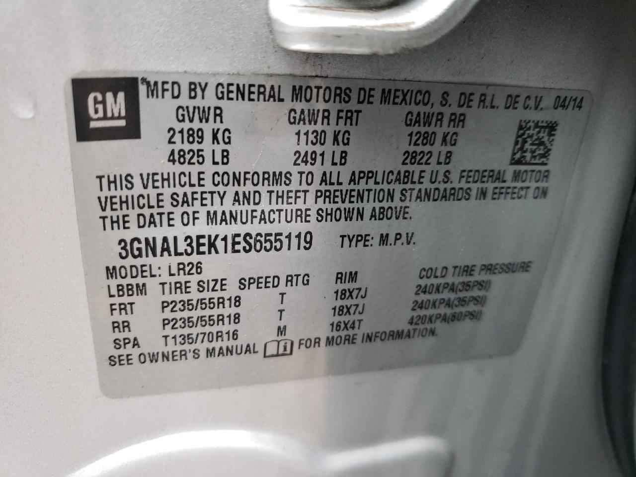 Photo 10 from auction – 2014 CHEVROLET CAPTIVA LT with VIN 3GNAL3EK1ES655119