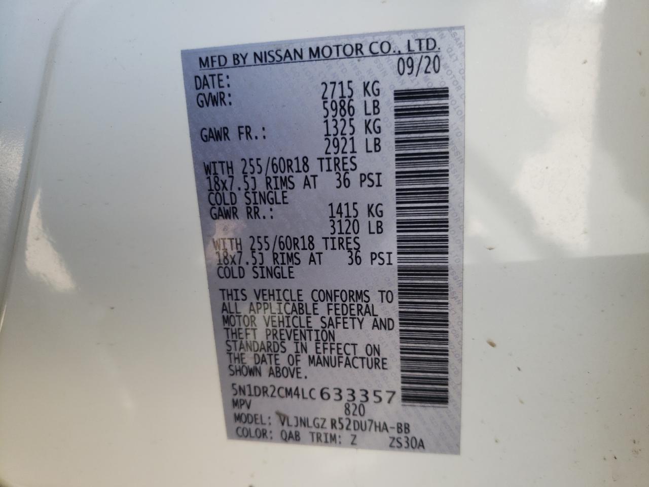 Photo 10 from auction – 2020 NISSAN PATHFINDER with VIN 5N1DR2CM4LC633357