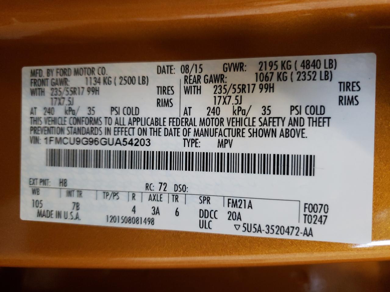Photo 10 from auction – 2016 FORD ESCAPE SE with VIN 1FMCU9G96GUA54203