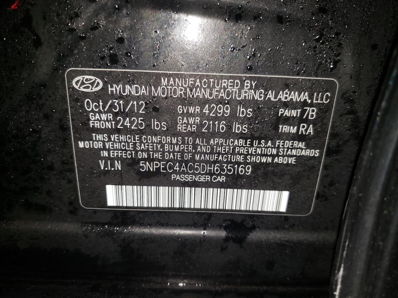 Photo 10 from auction – 2013 HYUNDAI SONATA SE with VIN 5NPEC4AC5DH635169