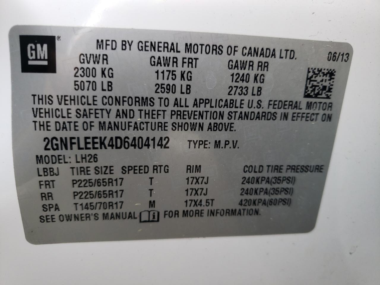 Photo 10 from auction – 2013 CHEVROLET EQUINOX LT with VIN 2GNFLEEK4D6404142
