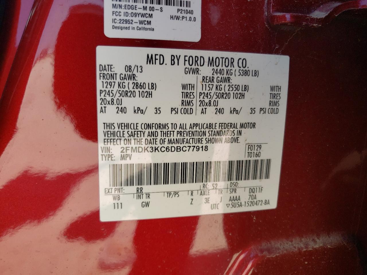 Photo 10 from auction – 2013 FORD EDGE LIMIT with VIN 2FMDK3KC6DBC77918