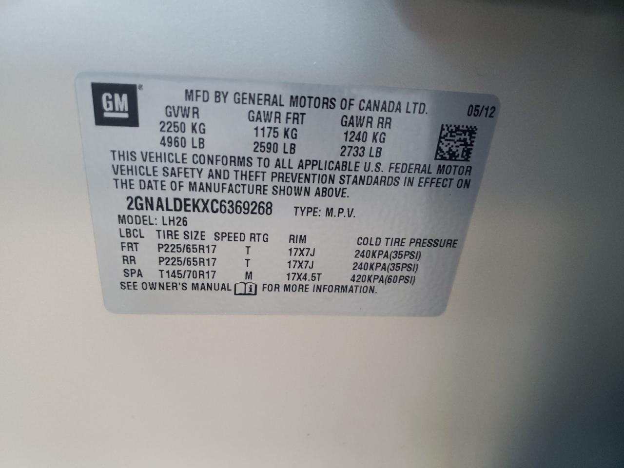 Photo 10 from auction – 2012 CHEVROLET EQUINOX LT with VIN 2GNALDEKXC6369268
