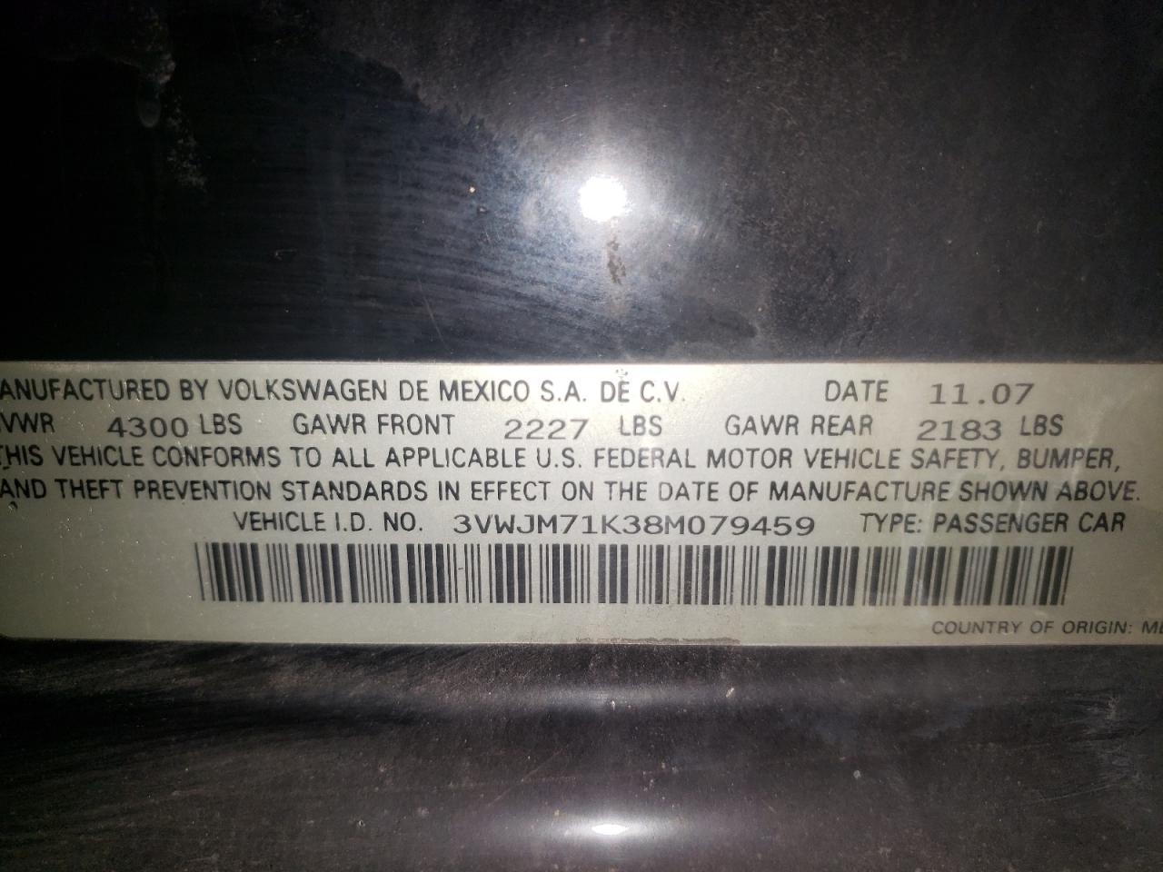 Photo 10 from auction – 2008 VOLKSWAGEN JETTA S with VIN 3VWJM71K38M079459