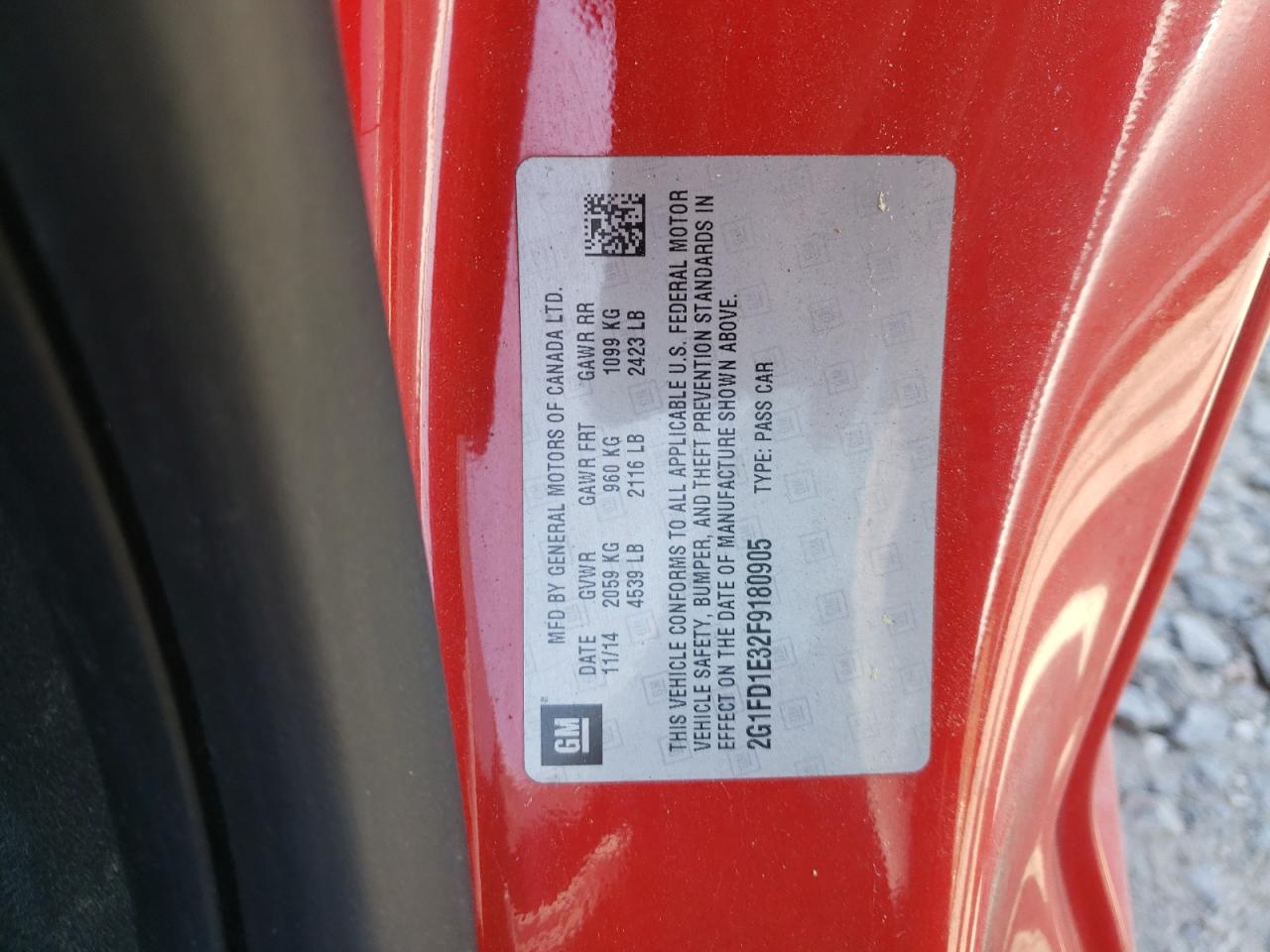 Photo 10 from auction – 2015 CHEVROLET CAMARO LT with VIN 2G1FD1E32F9180905