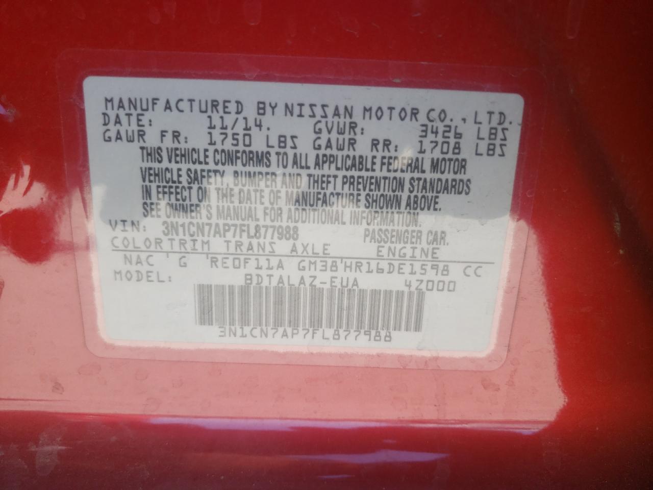 Photo 10 from auction – 2015 NISSAN VERSA S with VIN 3N1CN7AP7FL877988
